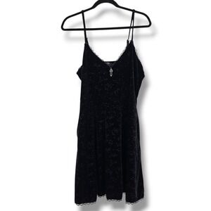 Cosmic Aura Black Velvet Constellation Mini Dress Lace Trim Crystal Pendant XL